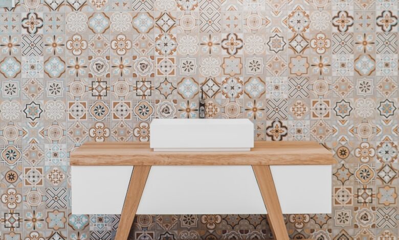 brown wooden table beside white and black wall