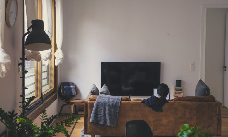 woman sitting on couch in front of LED TV